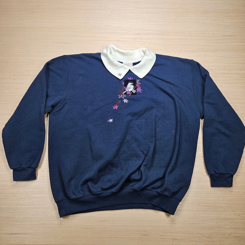 Vintage Grandmacore Blue Bird Embroidered Collar Top Stitch Sweatshirt Women 1X